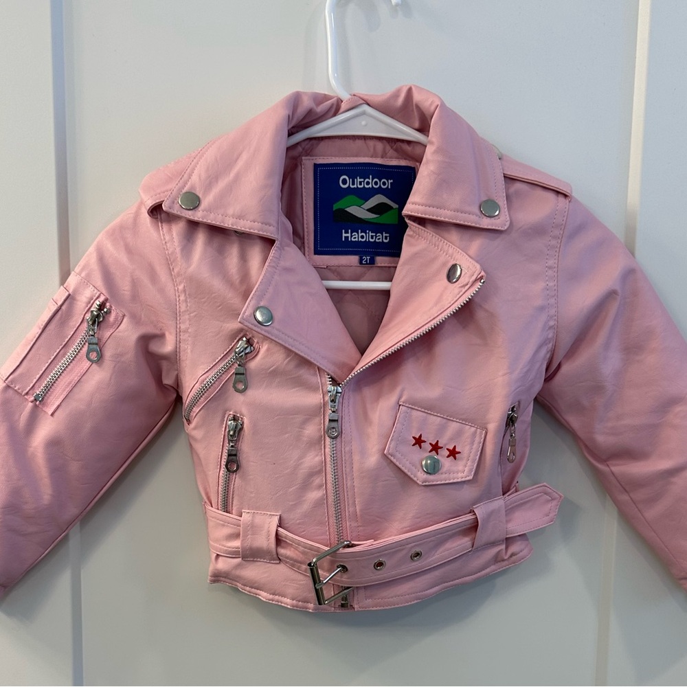 Pink Moto Jacket with Asymmetrical Zipper and Belt Detail